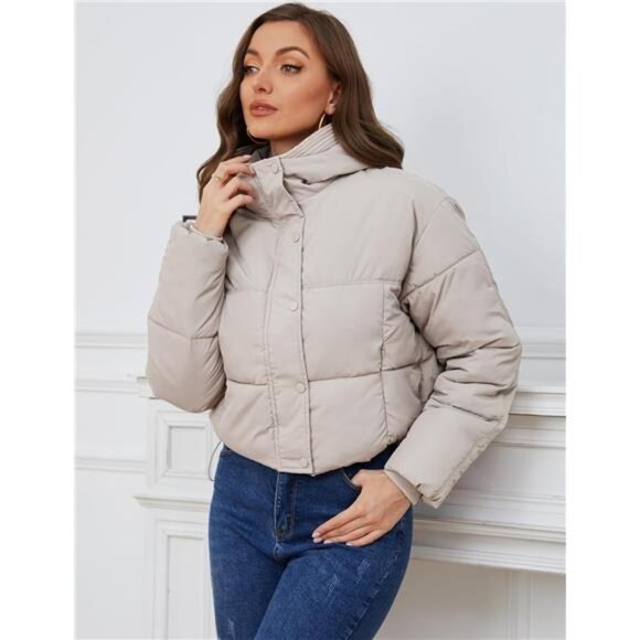 Womens Cropped Puffer Jacket Hooded Zip Up Apricot - Picture 6 of 6